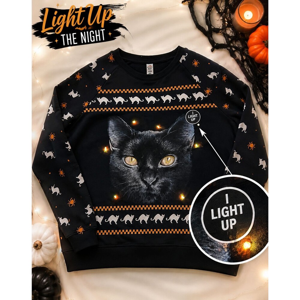 Black Cat Light Up Sweatshirt Womens XL 15-17 Halloween Cat Mom Graphic Pullover - Picture 1 of 9